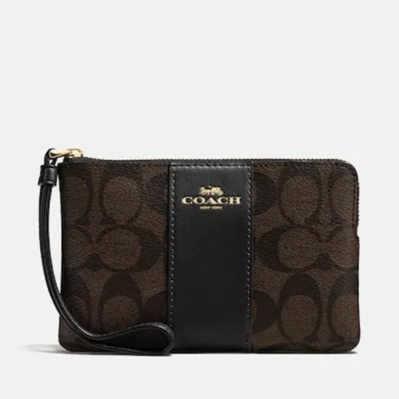 Coach Corner Zip Wristlet In Signature Canvas Gold/Brown Black - Picture 5 of 5